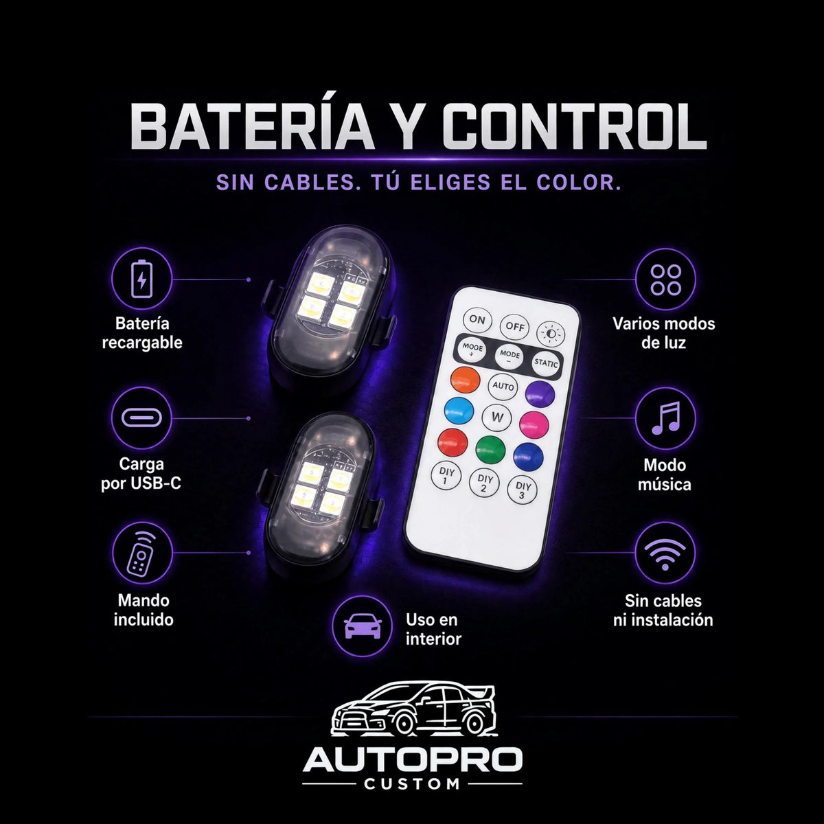 Batería recargable, carga USB-C, mando incluido y modo música