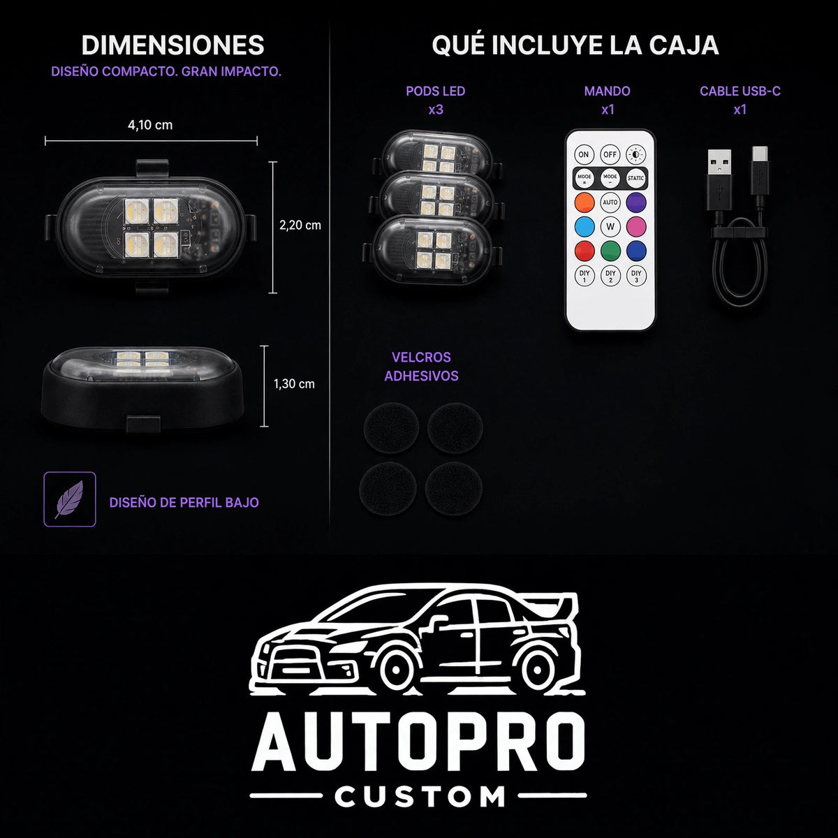 Dimensiones y contenido de la caja: 3 pods, mando, cable USB-C y velcros