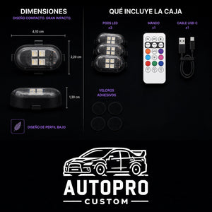 Dimensiones y contenido de la caja: 3 pods, mando, cable USB-C y velcros